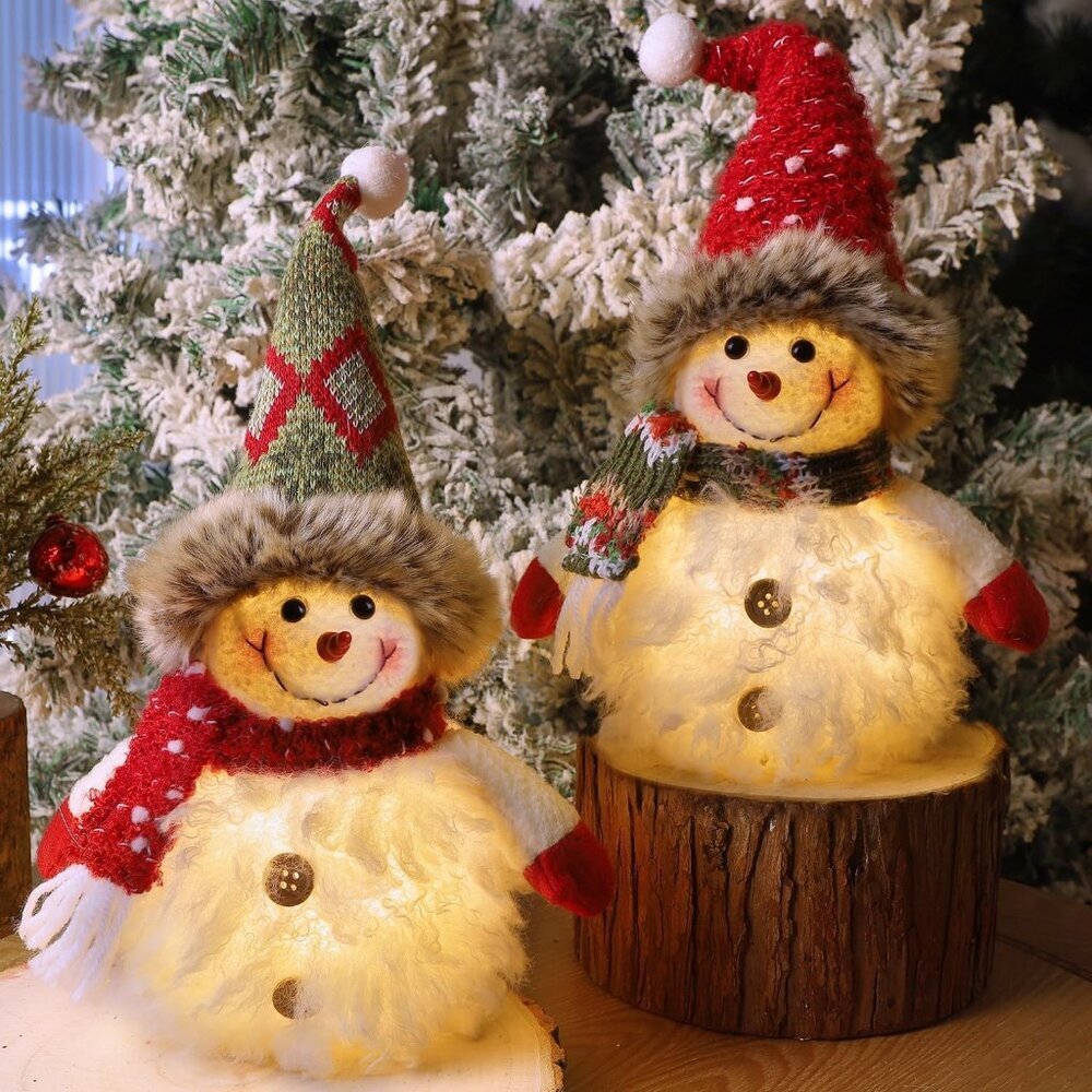 2 Pack Christmas Table Decorations, 10 Inch Lighted Plush Snowmen Figurines, Lig